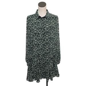 ZARA Green Floral Print Button Down Midi Chiffon Shirt Dress Lined Size XXL‎